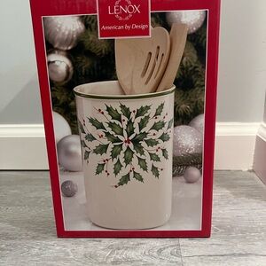 Lenox Festive Holly Utensil Holder with Wooden Spoons